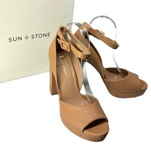 Sun + Stone‎ Reemaa Nude Platform Block Heel Sandals Ankle Strap Peep Toe 9M NIB
